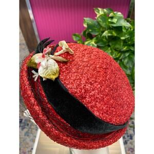 1950s red straw hat with flowers, breton boater, velvet flowers ribbon, easter